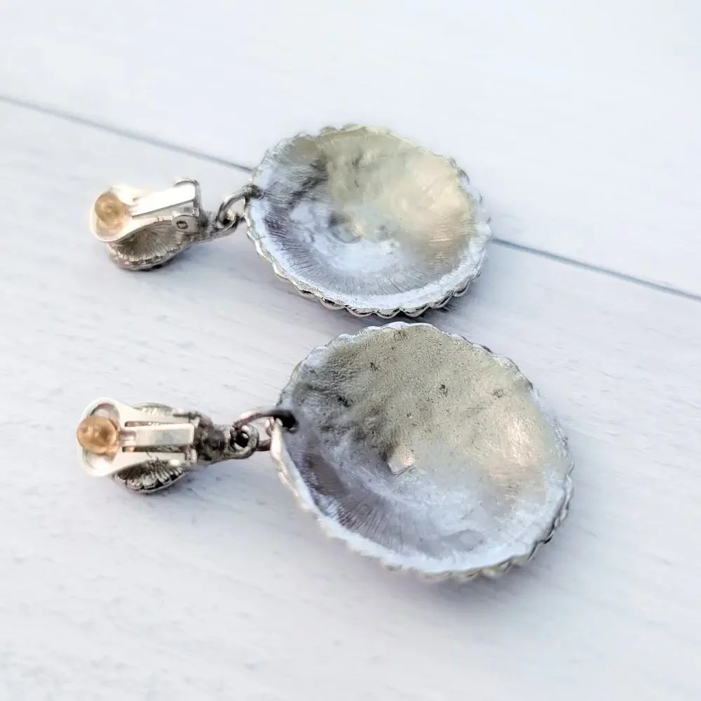 Vintage Clip On Earrings Very Large Silver with Orangey Red Accent Dangle